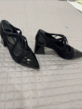 Mimosa Women's Pointed Toe Lace-Up Block Heel Pumps - patent leather and suede